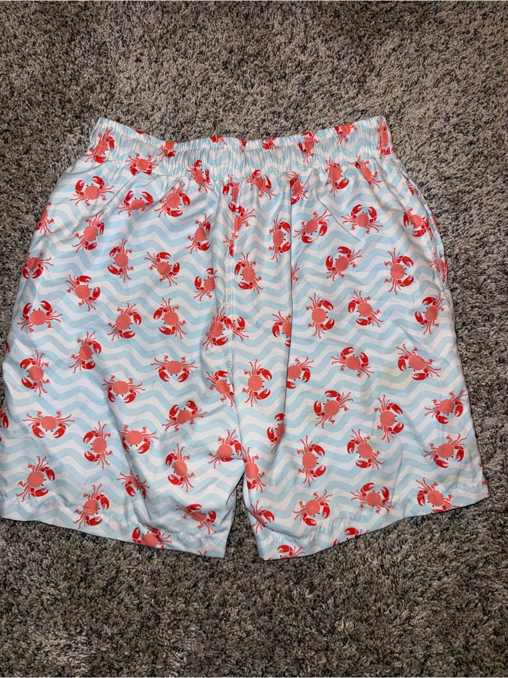 Youth Sz 10 - Crab Print Swim Shorts - White & Light Blue with Red Crabs - Picture 5 of 5